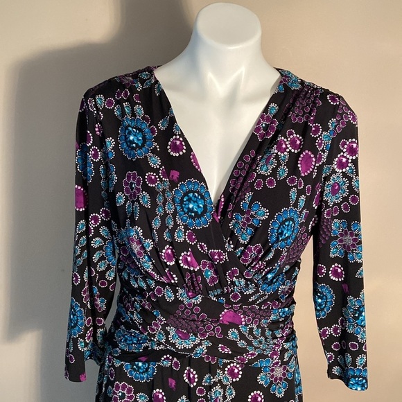 Clues Collection Black Jewel Print Long Sleeve Stretch Maxi Wrapped Dress V Neck - Picture 2 of 8